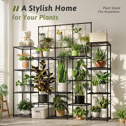Metal Plant Stand Outdoor 63" Tall Plant Shelf for Plants 14-Tier Large Plant Sheves for Indoor Plants Living Room Heavy Duty Rack Garden Balcony Patio Hanging Planter