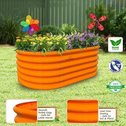 A ANLEOLIFE Kids Raised Garden Beds Outdoor (3-Pack)-40x24x18in Oval Round Galvanized Metal Planter Box for Planting Vegetables, Flowers, Fruits, Eco-Safe & Easy Setup, Peach Orange