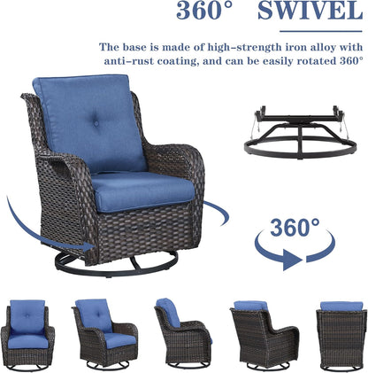 Outdoor Patio Furniture Set with 50000BTU Propane Fire Pit Table, 4 Pieces Wicker Patio Conversation Set with 2 Swivel Rocker Glider Chairs Rattan Sofa Blue Cushion Perfect for Casual Gathering