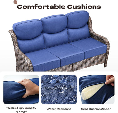 Wicker Outdoor Patio Furniture Set - 5 Piece Patio Conversation Sets with Swivel Rocker Chairs, Ottomans and Sofa, 6 inch Cushions, Waterproof Wicker, for Porch Deck Brown/Blue