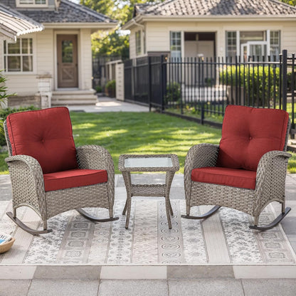 HUMMUH Outdoor Bistro Set-High Back Outdoor Rocking Chair with Side Table Patio Table and Chairs Set for Deck Lawn Porch Balcony Poolside-Grey/Red