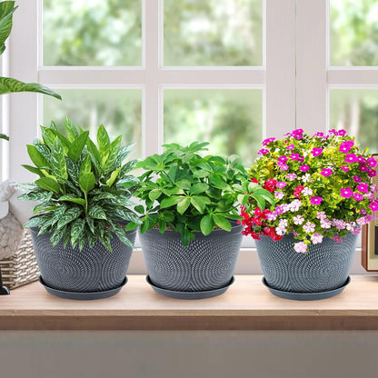Quarut 10 Inch Flower Pots Planters for Outdoor Indoor, 3 Pack Plastic Plant Pots with Drainage Hole & Tray, Modern Decorative Garden Pot with Saucer, planters for House (Gray)