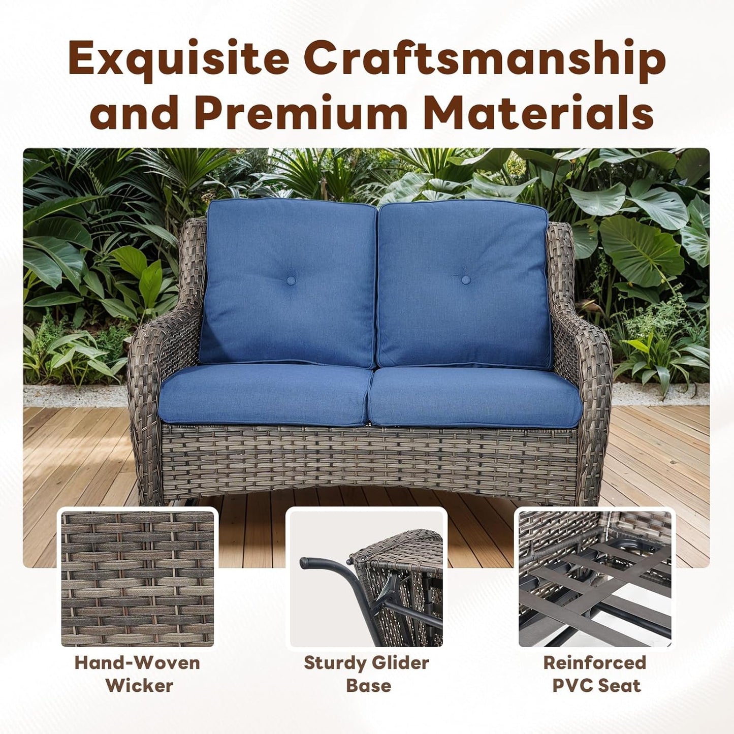 Spacious Outdoor Glider Bench - 500 LBS Weight Capacity Small Loveseat, 2 Seater Patio Gliders Furniture All Weather Wicker Couch with Removable Cushion for Deck Sunroom Balcony Backyard