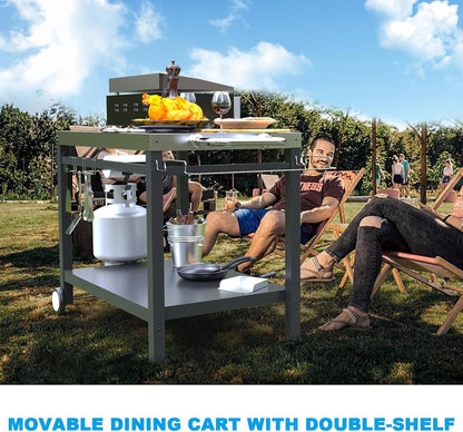 LS'BABQ Outdoor Grill Table Cart, Pizza Oven Stand, BBQ Prep Table with Trash Bag Holder Wheels & Hooks, Double-Shelf Movable Food Prep and Work Stand, Stainless Steel Flattop Grill Cart