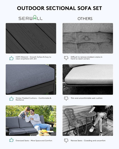 SERWALL HDPE Patio Sofa Set, 4-Piece Sectional Outdoor Furniture Set, All Weather Outdoor Couch Set Patio Furniture Set for Deck, Lawn, Black Frame with Grey Cushion