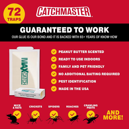 Catchmaster Max-Catch Mouse & Insect Glue Trap 72pk, Mouse Traps Indoor for Home, Sticky Pest Control Adhesive Tray for Catching Bugs, Non Toxic Bulk Pre-Baited Glue Boards