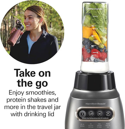 Hamilton Beach Wave Action Blender for Smoothies, Stainless Steel Ice Sabre Blades, 40oz Glass Jar, 20oz Blend-In Portable Travel Jar, 800 Watts, Quiet Design, Silver (58181)