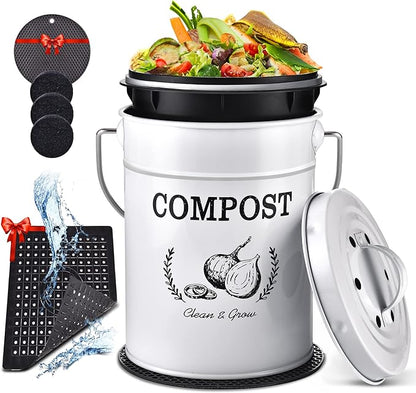 AOSION Countertop Compost Bin Kitchen,Odorless Indoor Compost Bin with Lid and Compost Bags,Compost Bucket Composter Container for Food Waste,White