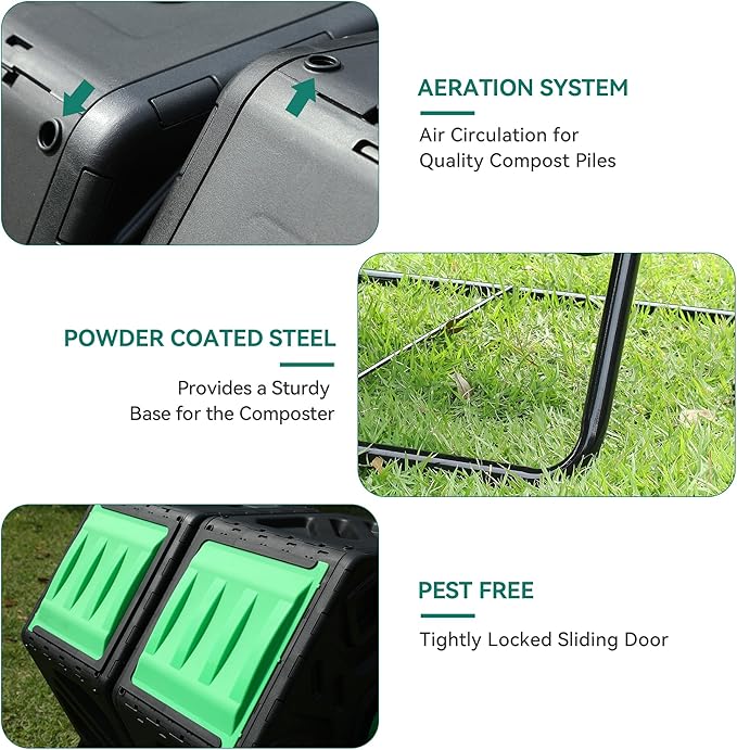 YITAHOME Large Outdoor Dual Chamber Compost Bin, 37 Gallon Rotating Composter Tumbling with 2 Sliding Doors and Aeration System, Garden Compost Tumbler (2x18.5 Gallon,Green)