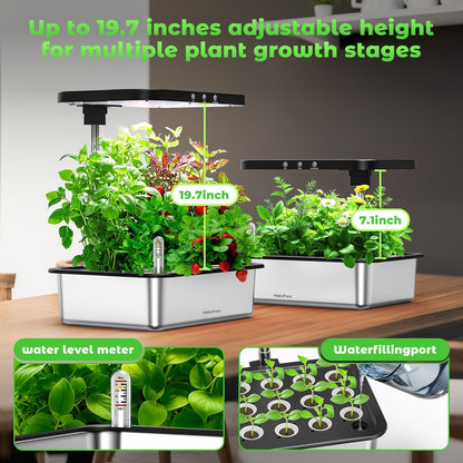 Stainless Steel Hydroponics Growing System kit Indoor Garden: 15 Pods Herb Garden with 24W Full Spectrum Grow Light, Hydroponic Gardening System with Silent Pump, Planting Height Up to 19.7"