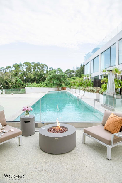 AMS Fireplace | Modeno Tramore Package | Light Gray Liquid Propane Gas Fire Pit Table for Outside Patio Bundle with Tank Cover, Wind Guard, and SS Burner Lid | Free Ice Bucket & Rubber Mat