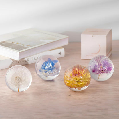 Real Purple Orchid Paperweight - Home Decor Crystal Resin Ball 3.14in (80mm) - Clear Resin Purple Orchid Flower Globe for Special Days - Sphere Figurine Office Paperweight w/Flat Bottom