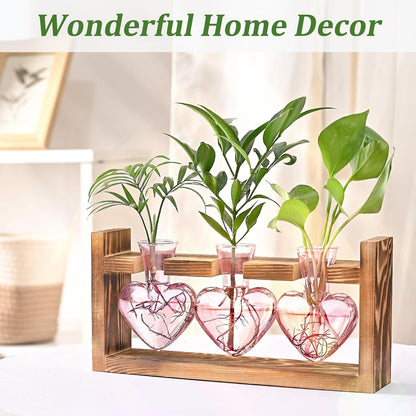 Lifecapido Heart Shaped Propagation Stations, Plant Terrarium with Wooden Stand, Plant Propagation Station for Hydroponics Plants Office Garden Home Decor, Gifts for Women Plant Lover (3 Vases, Pink)
