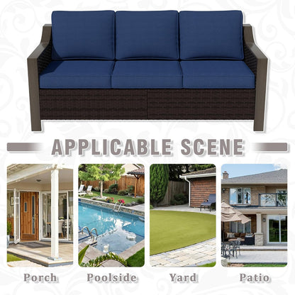 74 Inch Patio 3-Seater Sofa,PE Wicker Outdoor Lounge with Thick Removable Water-Resistant Cushions, Rust-Proof Steel Frame, 900LBS Capacity, Blue