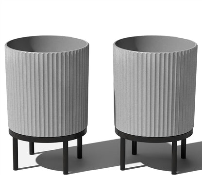 Veradek Demi Series Round Planter w/Stand for Porch/Patio | Durable Plastic-Stone Composite & Wooden Stand | Modern Décor for Tall Plants, Flowers