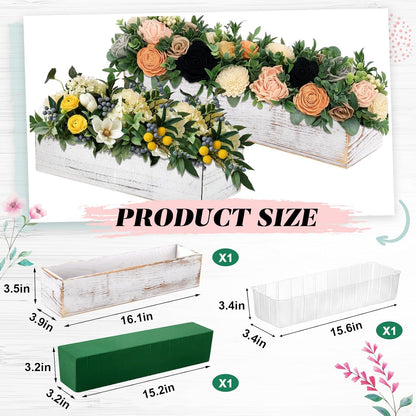 Dandat 1 Set Wood Boxes for Centerpieces 16x4 Inch Rectangle Wooden Planter Box Rustic Wooden Planters with Removable Plastic Liner Floral Foam Blocks for Home Wedding Garden Decor