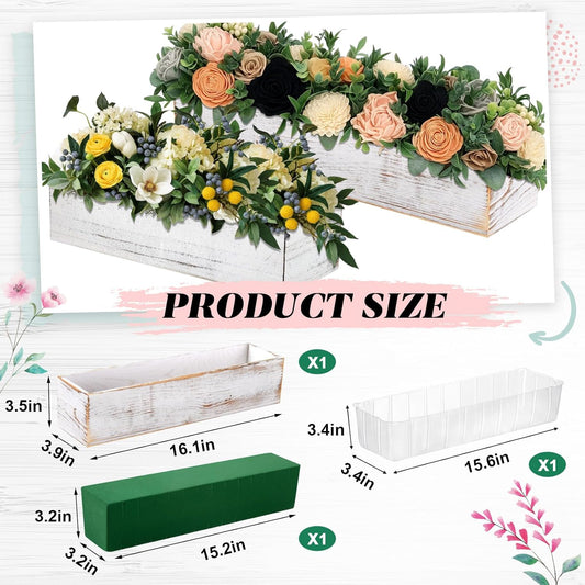 Dandat 1 Set Wood Boxes for Centerpieces 16x4 Inch Rectangle Wooden Planter Box Rustic Wooden Planters with Removable Plastic Liner Floral Foam Blocks for Home Wedding Garden Decor