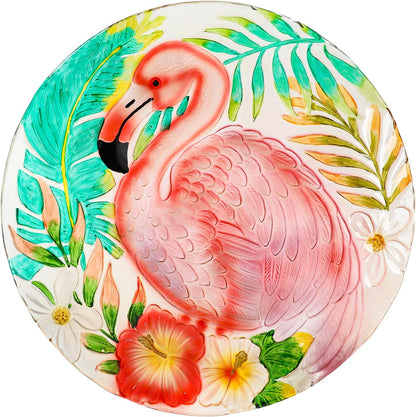 MUMTOP Outdoor Glass Birdbath with Metal Stand for Outside Yard Garden Decor, 18 inch Diameter Flamingo Bird Baths Bowl for Outdoors, 21.65 inch Height