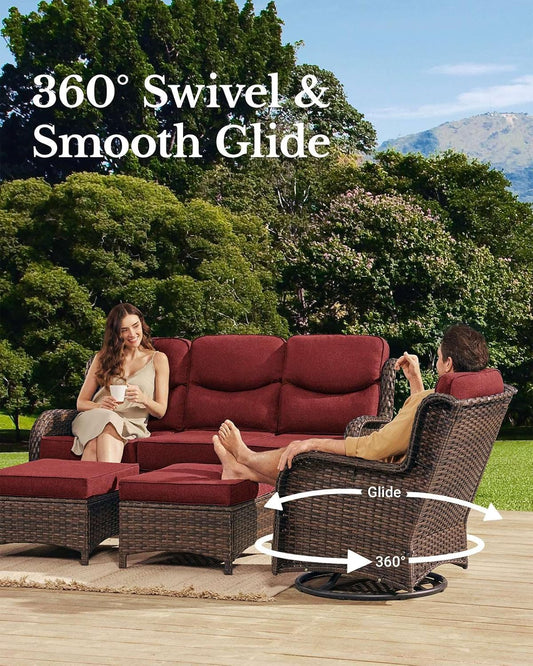 HILLGA Luxury Patio Furniture Set with 6-inch Thick Cushion, Outdoor Loveseat and High Back Swivel Rocker Patio Chairs, 6PCS Wicker Conversation Set for Deck Yard and Poolside, Burgundy (V2)