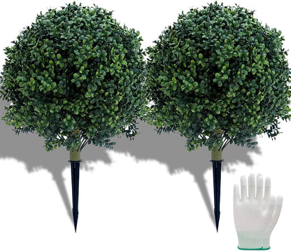 23.6 Inches Set of 2 Artificial Boxwood Topiary Ball Tree with Ground Spike, Faux Bushes UV Resistant Faux Greenery Shrubs, Fake Boxwood Plants for Indoor, Front Porch Decor, Garden, Yard