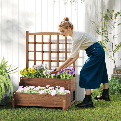 HAPPYGRILL Raised Garden Bed with Trellis, Drainage Holes, 2-Tier Wooden Elevated Planter Box w/Legs for Climbing Plants Vine Flower Herb Vegetable Fruit, Outdoor Garden Box for Patio Balcony