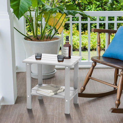 Outdoor Side Table, Weather Resistant HDPE Outdoor Table, 2-Tier Small Patio Tables for Outside or Indoor (White)