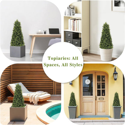 3ft Artificial Boxwood Topiary Trees (Set of 2) - UV Resistant Faux Plants Outdoor, Realistic 36in Fake Cone Bushes and Shrubs for Front Porch, Planter, Patio - Low Maintenance & Evergreen