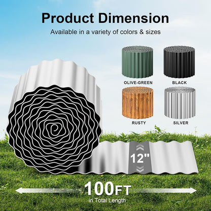 Land Guard Corrugated Garden Edging Border, 12" x 100' Landscape Paver Edging, Tall Landscape Edging, Fence for Garden, Flower Bed, Lawn and Landscape Edging (Silver)