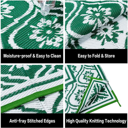 Plastic Outdoor Rug 6'x9' Waterproof Camping Carpet Outside Area Rug Reversible Green Rugs for RV Deck Entryance Porch Picnic Balcony Beach