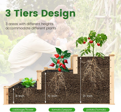 COSTWAY 3-Tier Raised Garden Bed, Wooden Elevated Planter Box for Vegetables Flowers Herbs Fruits, Outdoor Growing Planter Box Stand for Garden, Backyard, Patio, Balcony