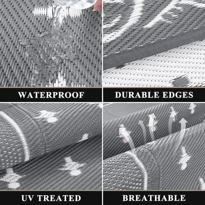 Pauwer Waterproof Outdoor Rug 8x10, Reversible Plastic Straw Patio Camping Rug, Indoor Outdoor RV Mat Carpet for Deck, Camper, Porch, Balcony, Backyard, Picnic, Bordered Grey