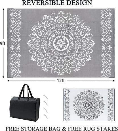 Pauwer Waterproof Outdoor Rug 9x12, Reversible Plastic Straw Patio Camping Rug, Indoor Outdoor RV Mat Carpet for Deck, Camper, Porch, Balcony, Backyard, Picnic, Floral Grey