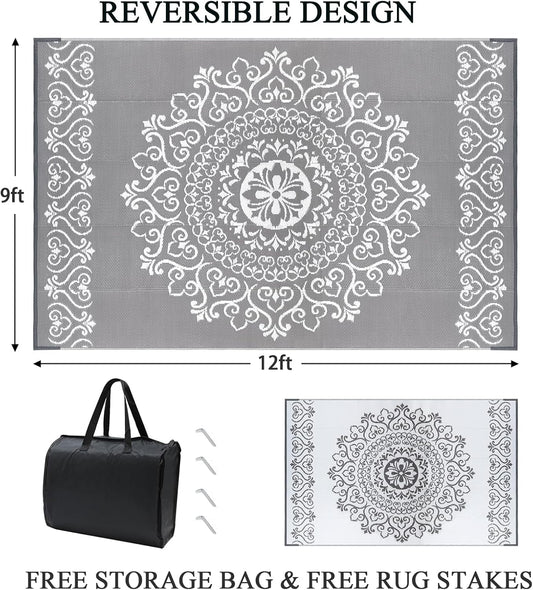 Pauwer Waterproof Outdoor Rug 9x12, Reversible Plastic Straw Patio Camping Rug, Indoor Outdoor RV Mat Carpet for Deck, Camper, Porch, Balcony, Backyard, Picnic, Floral Grey