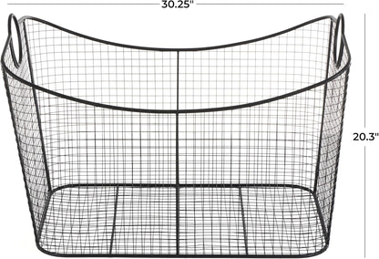 Deco 79 Metal Large Open Frame Wire Grid Storage Basket with Curved Sides and Ring Handles, 30" x 20" x 20", Black