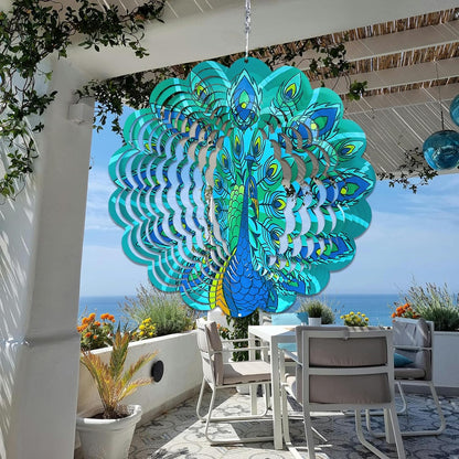 Wind Spinners Outdoor Peacock Art 12 inch 3D Stainless Steel Laser Cut Metal Art Geometric Pattern Wind Sculpture Hanging for Yard Garden Decorations Gifts Outdoor