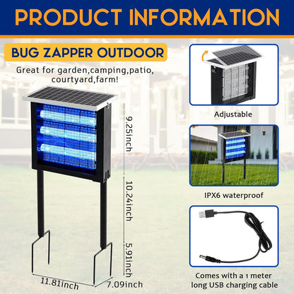 Qualirey 1 Pcs Solar Bug Zapper Outdoor Waterproof Mosquito Zapper with 3000v High Powered Rechargeable Electric Mosquito Killer with Grounding Bracket Fly Insect Trap for Patio Garden