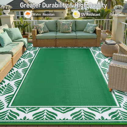 Outdoor Plastic Rug 6'x9' Waterproof Camping Carpet Outside Area Rug Reversible Green Rugs for RV Deck Entryance Porch Picnic Balcony Beach