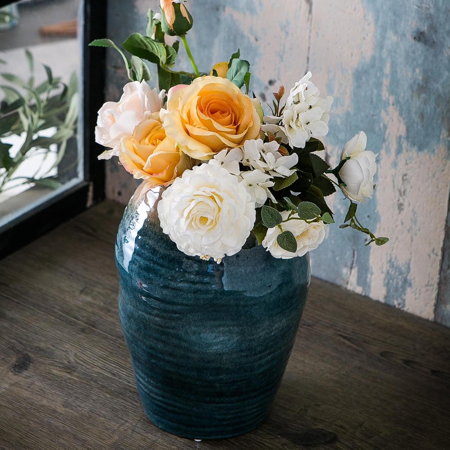 Blue Floor Vase, Ceramic Glazed Large Vase for Modern Farmhouse Home Decor, Rustic Terracotta Pottery, Vintage Clay Vase for Living Room Entryway Centerpiece