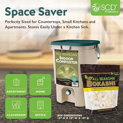 All Seasons Indoor Composter Starter Kit - Two Family-Sized Composting Bins for Kitchen Countertop and Bokashi Bran Starter 5 lb (2 gallons), Easily Compost Food After Every Meal, Odor Free