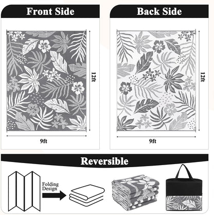 Pauwer Waterproof Outdoor Rug 9x12, Reversible Plastic Straw Patio Camping Rug, Indoor Outdoor RV Mat Carpet for Deck, Camper, Porch, Balcony, Backyard, Picnic, Floral Grey