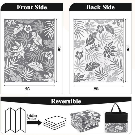 Pauwer Waterproof Outdoor Rug 9x12, Reversible Plastic Straw Patio Camping Rug, Indoor Outdoor RV Mat Carpet for Deck, Camper, Porch, Balcony, Backyard, Picnic, Floral Grey