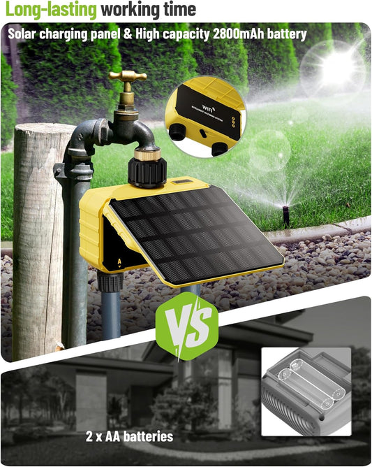 Smart WiFi Water Timer 2 Zone No Need Gateway, Solar WiFi Sprinkler Valve Timer for Garden Hose APP & Remote Control Alexa & Google Voice Compatible,Rain Delay, Manual Mode Sprinkler System