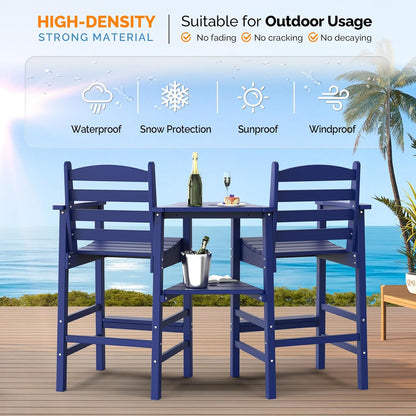 VINGLI Tall Adirondack Chairs Set of 2 with Removable Double Connecting Trays, HDPE Weather Resistance Outdoor Bar Stools Poly Deck Chairs for Patio Pool, 350LBS Capacity (Navy Blue)