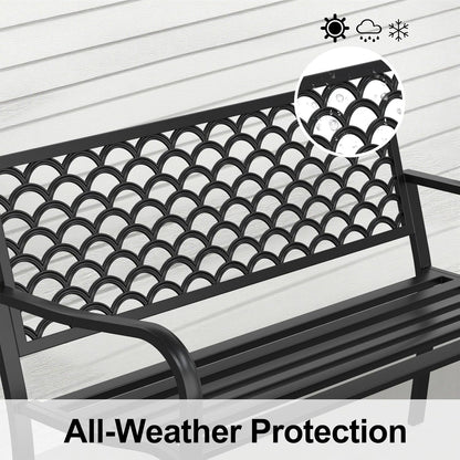 50" Heavy Duty Outdoor Bench, Wrought Iron Weatherproof Garden Bench Black Metal Patio Bench for Park Proch Yard 880lbs