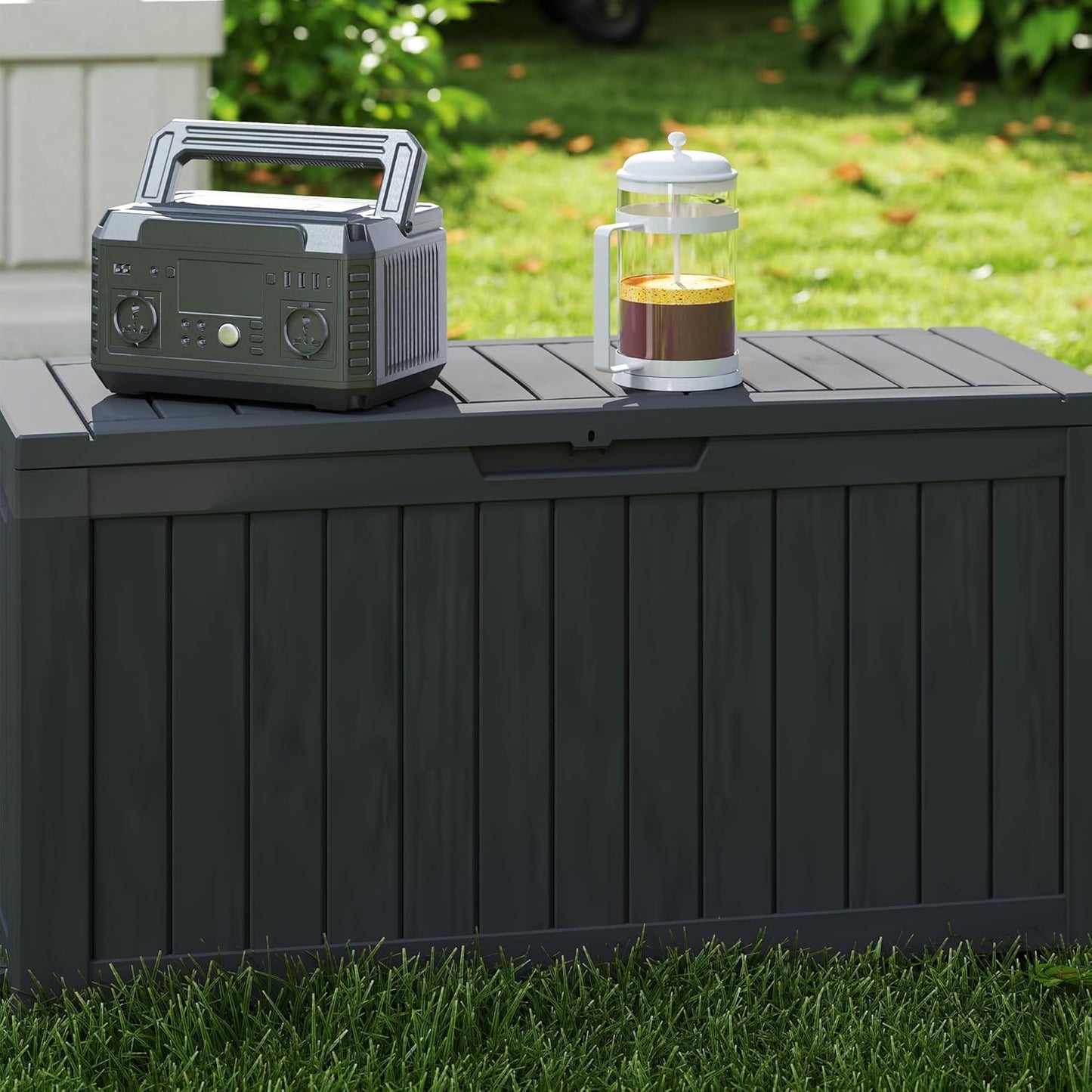 90 Gallon Lockable Resin Deck Box with Wheels, Waterproof & UV-Resistant Outdoor Storage Box for Outdoor Cushion Storage, Garden Tools & Pool Accessories Storage, Black