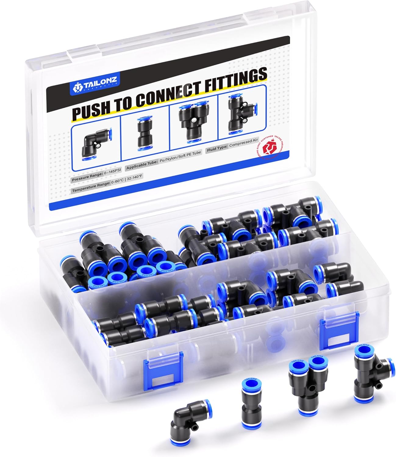 TAILONZ PNEUMATIC 1/2 Inch od Push to Connect Fittings Pneumatic Fittings kit 10 Spliters+10 Elbows+10 tee+10 Straight (40 pcs)