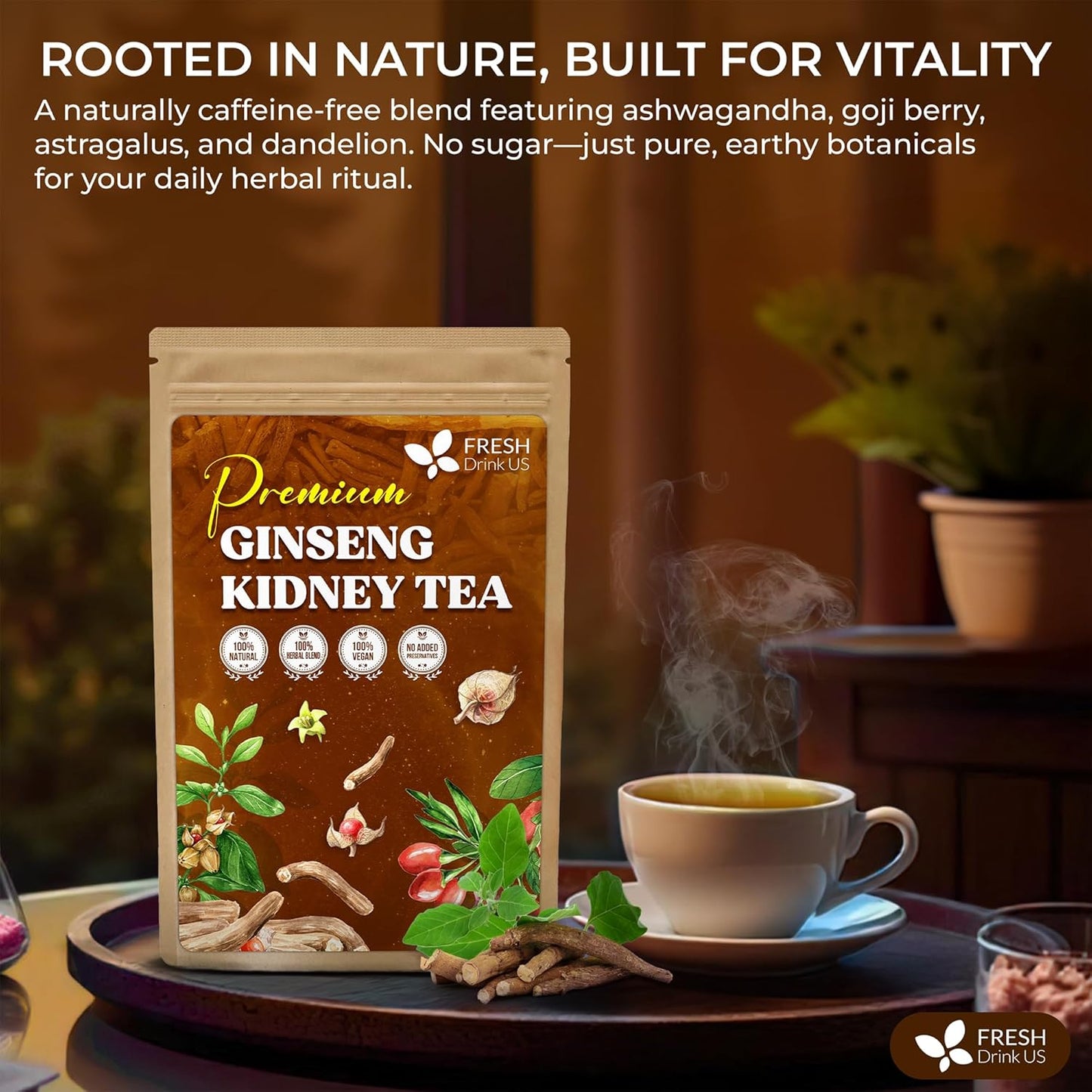FreshDrinkUS, Ginseng 6 Treasures Kidney Tea, 30 Packs Of Super Kidney Cleanse Detox Tea For Men & Women, 100% Natural Roots & Berries | Caffeine-Free | Adaptogenic Blend for Energy, Wellness & Vitality Support
