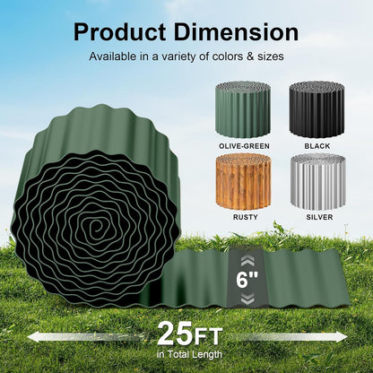 Land Guard Corrugated Metal Garden Edging, 6"×25Ft Steel Landscape Edging, Corrugated Metal Yard Edging Borders, Steel Edging for Landscaping, Garden Fence, Lawn, Flower Bed (Olive-Green)