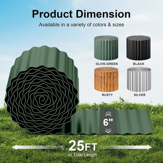 Land Guard Corrugated Metal Garden Edging, 6"×25Ft Steel Landscape Edging, Corrugated Metal Yard Edging Borders, Steel Edging for Landscaping, Garden Fence, Lawn, Flower Bed (Olive-Green)