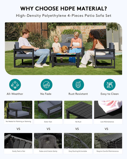SERWALL 3 Pieces HDPE Outdoor Sofa Bistro Set with Cushions, Outdoor Furniture Sofa Sets with Coffee Table and Cushions, All Weather Conversation Social Set, Black Frame and Grey Cushion